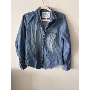 Frank & Eileen Barry Shirt Women Small Distressed Blue Denim Chambray Made USA